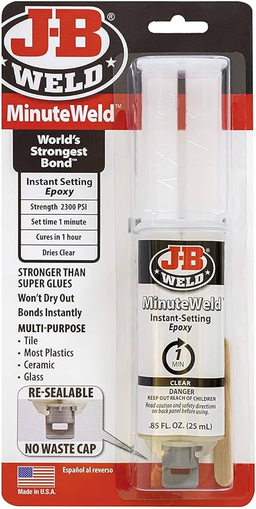 J-B Weld MinuteWeld™ Syringe - 25 ml is designed to adhere to multiple surfaces and can be used on ceramic, tile, glass, stone, most plastics, wood and metal. J-B Weld MinuteWeld™ Syringe - 25 ml is designed to adhere to multiple surfaces and can be used on ceramic, tile, glass, stone, most plastics, wood and metal.